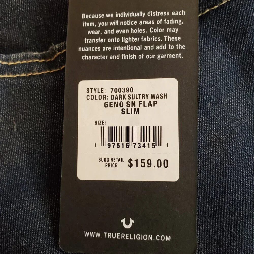 NEW TRUE RELIGION Men's Geno Relaxed Slim Distressed Dark Wash Blue Jeans